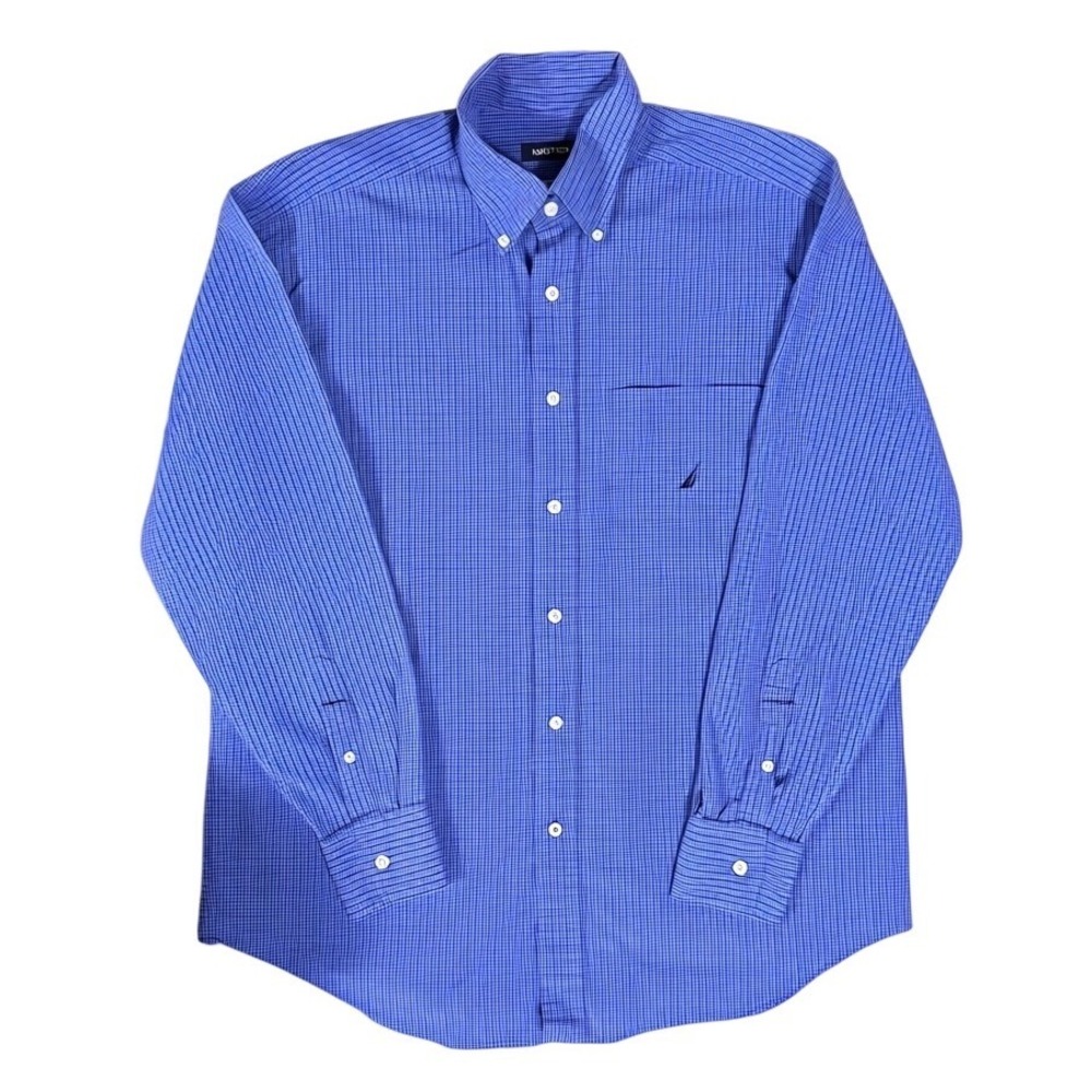 Nautica Mens Blue 100s Two Ply Cotton Button Down Shirt Large Long Sleeve Check
